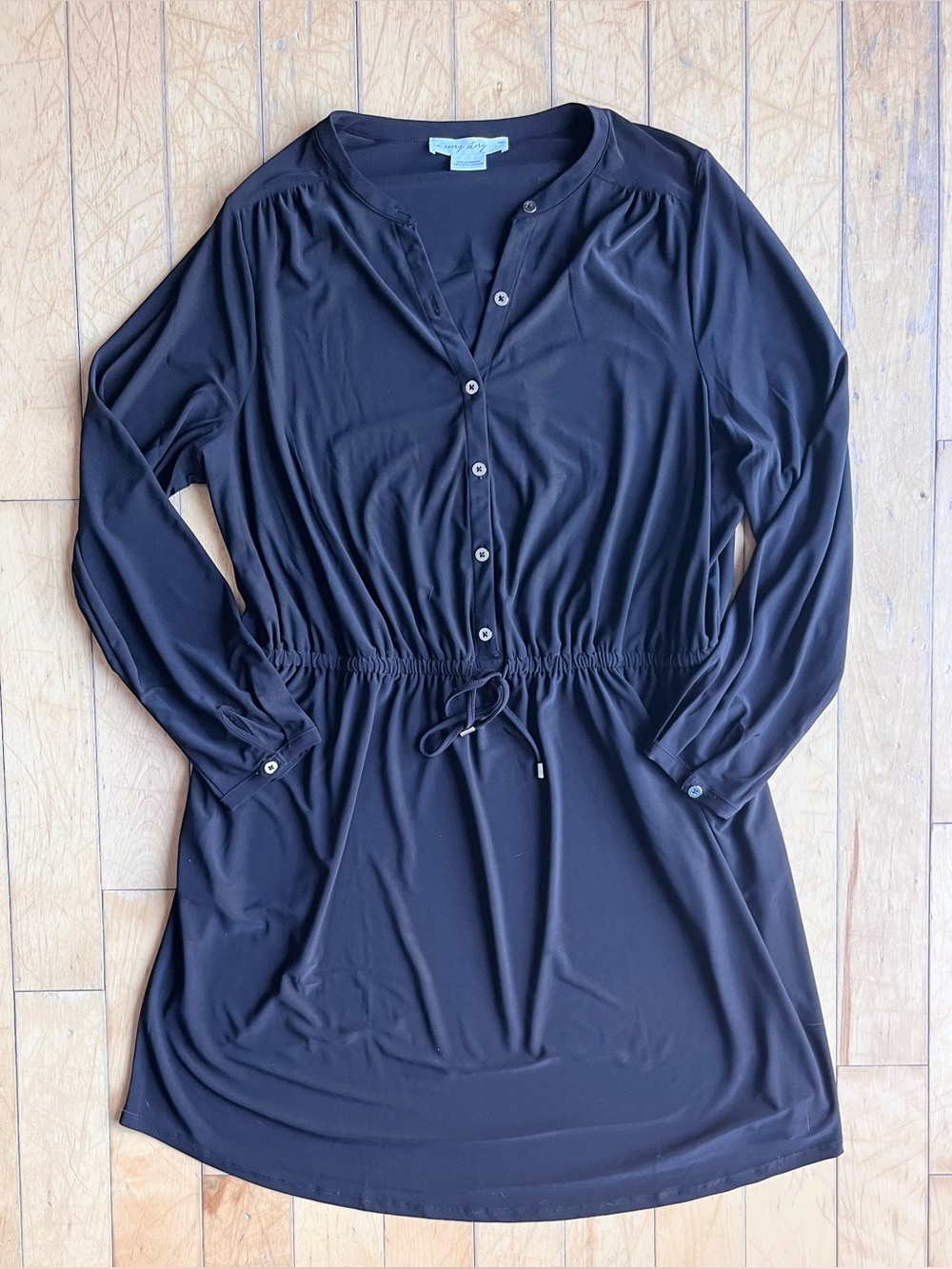 In Every Story Drawstring Shirt Black Long Sleeve Dress Size X